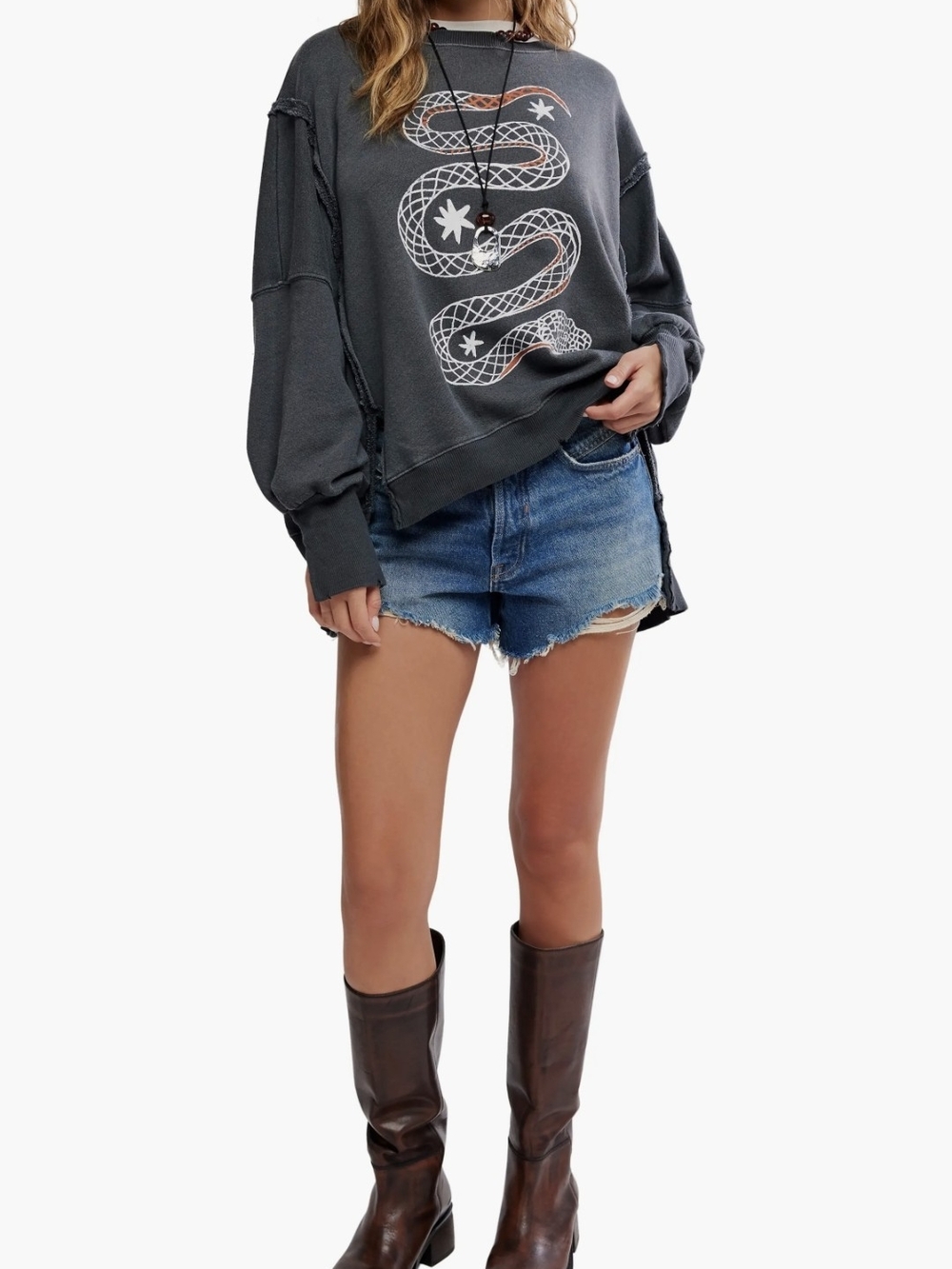 Free People Graphic Camden Pullover Sweatshirt In Snake Combo - Picture 4 of 12